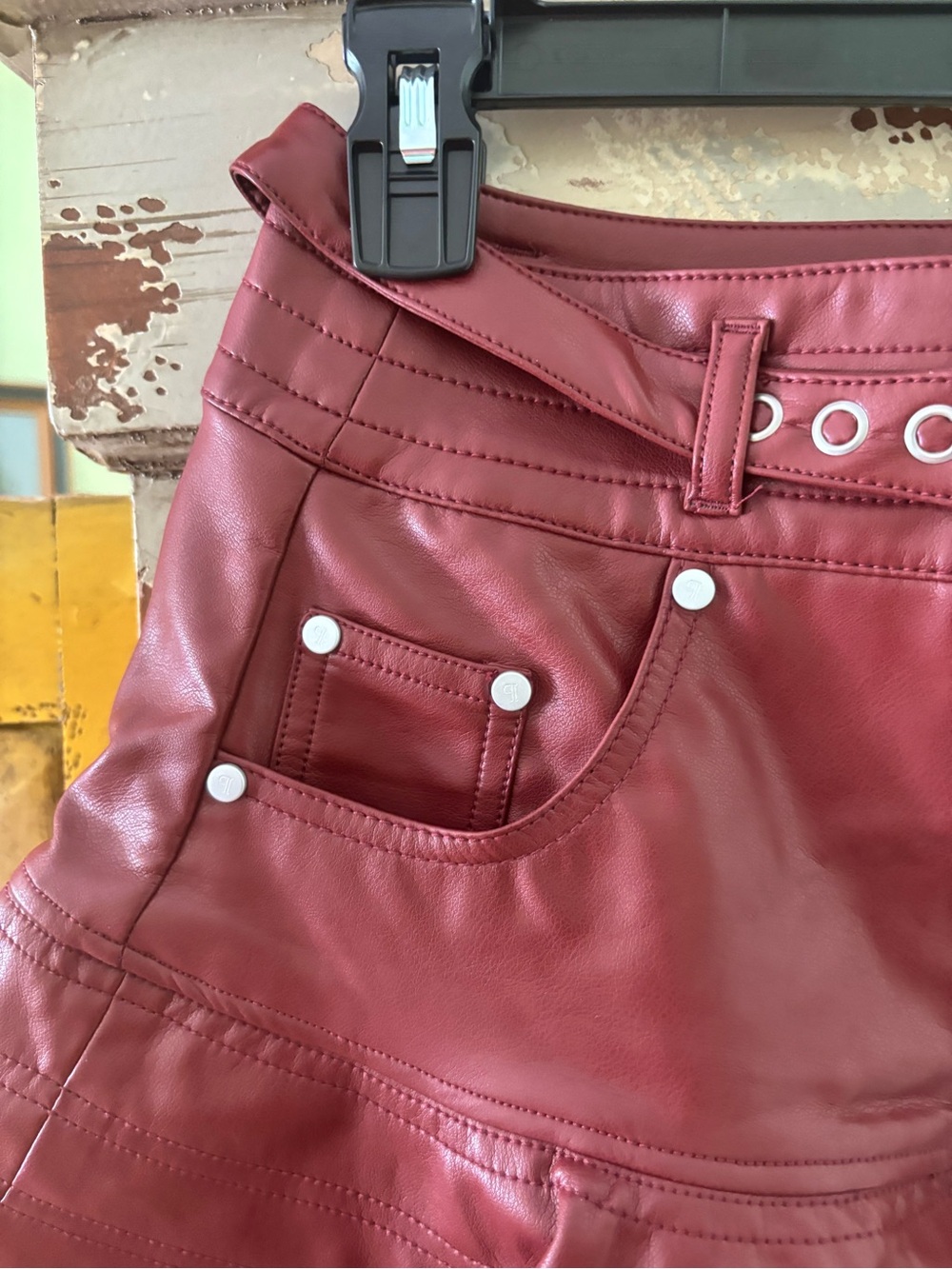 Pilcro Burgundy Faux Leather Flared Mini Skirt - Picture 5 of 11